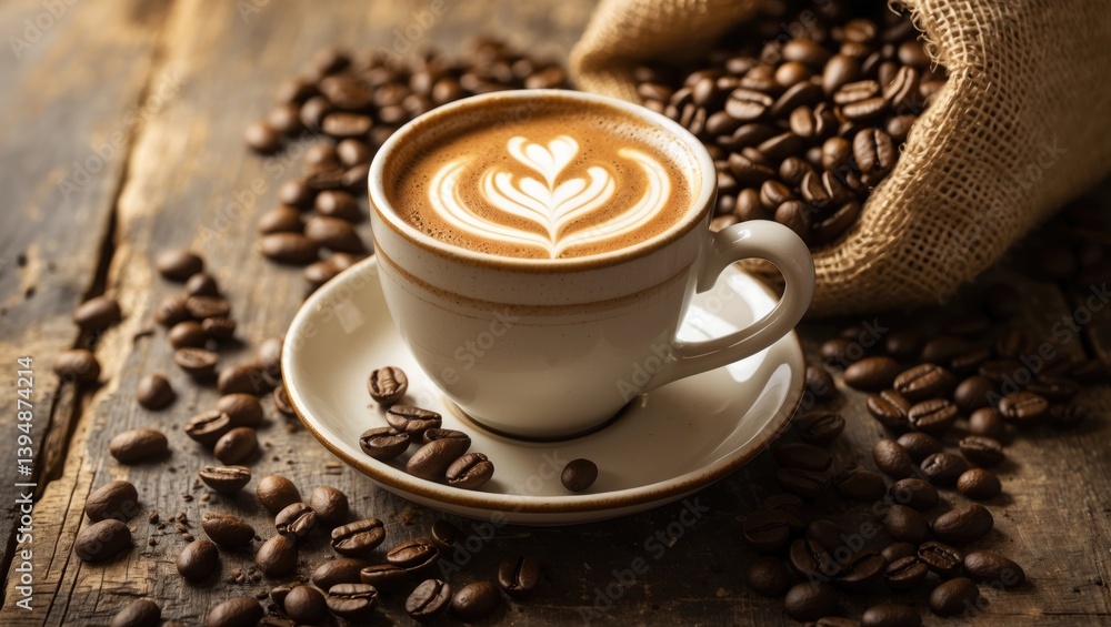 Poster Cup of latte with a heart pattern and coffee beans surrounding it