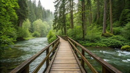 Wooden bridge through lush greenery beside a serene river.
