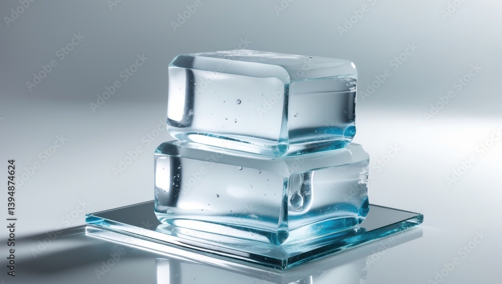 Poster Rectangular crystal-clear ice blocks arranged on a mirrored surface against a white backdrop.