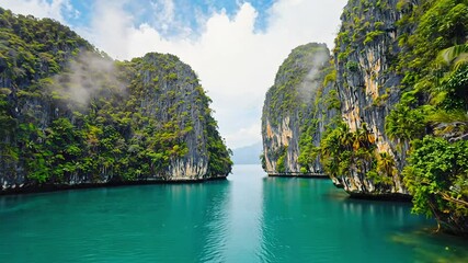 Tropical Lagoon Between Lush Cliffs With Emerald Water And Morning Mist. Concept For Exotic Travel Footage, Nature Escape Visuals, Eco-Tourism Destinations, Wellness Retreats, And Paradise Exploration