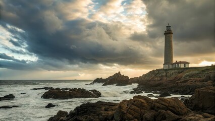 Majestic lighthouse towering over rocky coastline under dramatic skies.