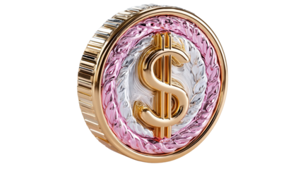 A golden dollar sign symbol is displayed in the center of a circular ornamental frame with a pink and gold pattern symbolizing wealth prosperity and financial success