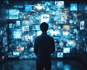 Man engulfed in big data and social media icons, with screens displaying photos and videos, depicting the impact of digital overload, highquality generative AI artwork