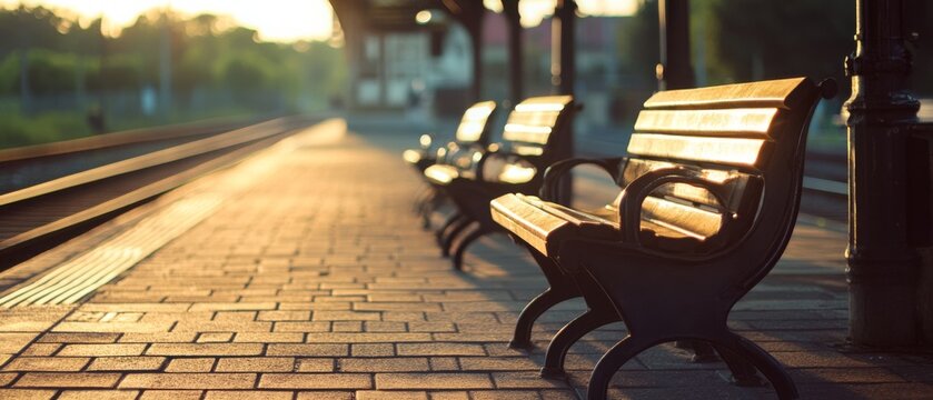 Sunlit train platform with long shadows and empty benches suggests waiting, transition, and fleeting moments. - Powered by Adobe