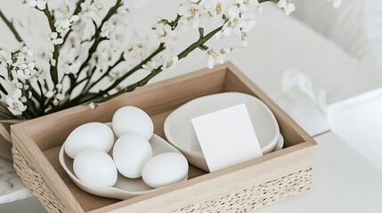 Minimalist breakfast setup with white eggs, dishes and flowers in wooden tray