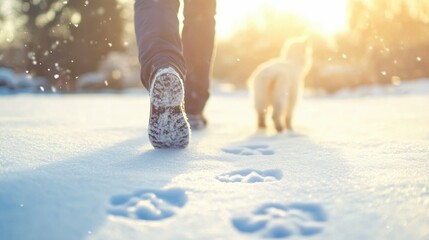 Winter walk in snow with dog and footprints on sunny day