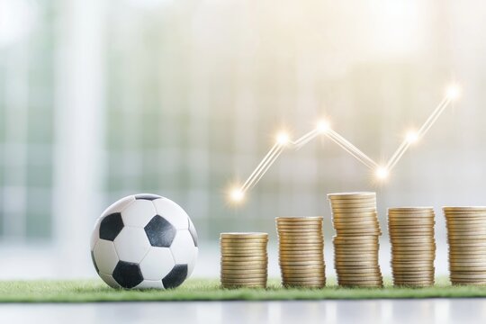Soccer ball with stacked coins and rising chart, perfect for sports investment, betting trends, or football sponsorship reports.
