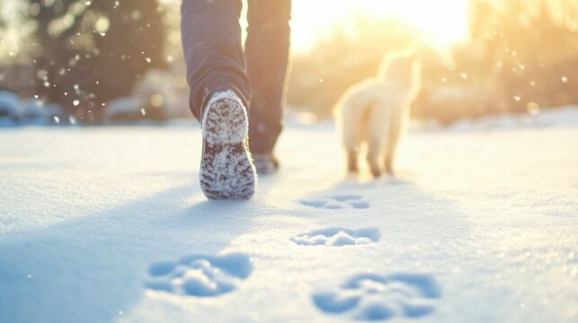 Winter walk in snow with dog and footprints on sunny day - Powered by Adobe