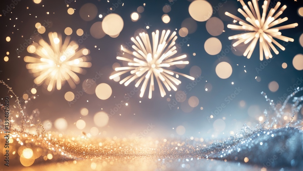 Aufkleber fireworks in gold and silver with bokeh and empty space. abstract holiday background.