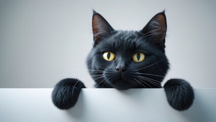 Black cat with yellow eyes peering sideways over a blank poster, isolated on a white background