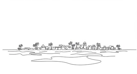 Obraz premium Simple line drawing of middle eastern town village with palm trees and water reflects traditional life, perfect backdrop illustration for biblical story and Bethlehem