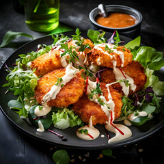 Plate of fried shrimp cakes with dressing and salad, food photography