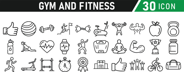 Gym and fitness 30 icon set. Healthy lifestyle, weight training, body care, and workout or exercise equipment are icons. Icons vector collection.