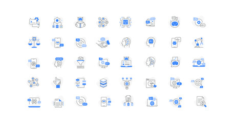 Generative AI and Automated Content Creation Icons. Builds on the LLM, text analysis, and generation icons. Content creation tools, AI copywriting, scriptwriting, image generation. Blue Icons.