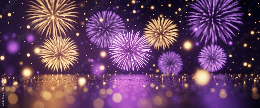 Poster bokeh and empty space in an abstract background with gold and purple fireworks for holidays.