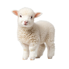 A young adorable white lamb with soft fluffy wool standing in a plain clean studio setting with a plain background