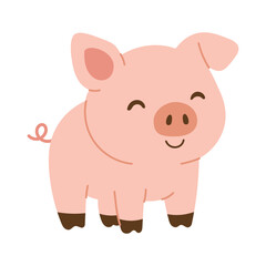 A cute cartoon pig with a smile on its face. The pig is pink and has a happy expression
