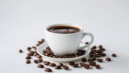 Coffee cup accompanied by coffee beans against a white background.