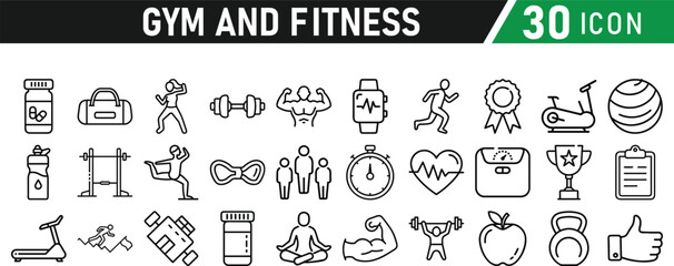 Gym and fitness 30 icon set. Healthy lifestyle, weight training, body care, and workout or exercise equipment are icons. Icons vector collection.