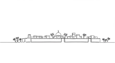 Fototapeta premium Jerusalem Skyline Illustration for travel guidebook featuring continuous line drawing of the old city walls, Middle East architecture and biblical theme
