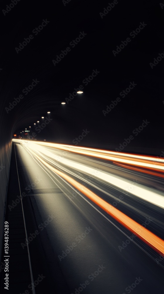 Poster dynamic light trails illuminate the dark tunnel interior creating a sense of speed and motion on the