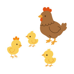 A cartoon of a chicken and three chicks. The chicken is standing in front of the chicks