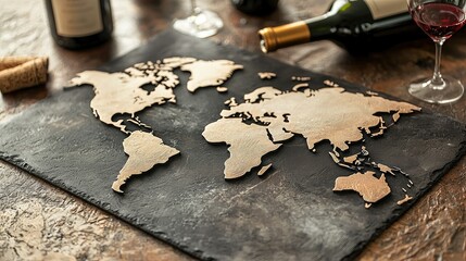 Red and white wine bottles positioned on a world map, showcasing a sophisticated celebration of global wine appreciation.