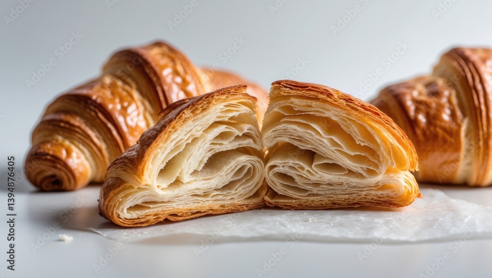 Poster half-cut croissant exposing inner texture and fine crisp layers. soft background.