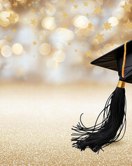 Elegant Concept: A stylish 2D graduation postcard with a luxurious glittering gold background, adorned with a flowing tassel, confetti sparkles, golden stars, and soft flares for a proud celebration.
