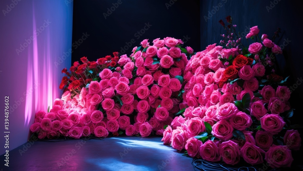 Poster fresh roses in a creative neon color layout. flat lay decoration with fluorescent tones. nature conc
