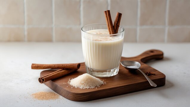 Chilled rice drink served in a glass on a wooden surface with cinnamon sticks, set on a light background.