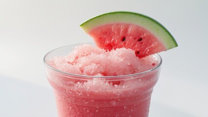 Fototapeta premium Close-up of a watermelon smoothie in a glass on a white background, healthy fruit drink idea, selective focus