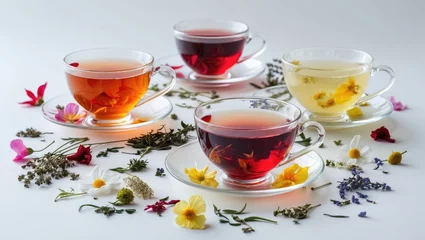 Fototapeten Artistic display of tea cups against a white surface. Flat lay. Food theme. © CryptoCanvas