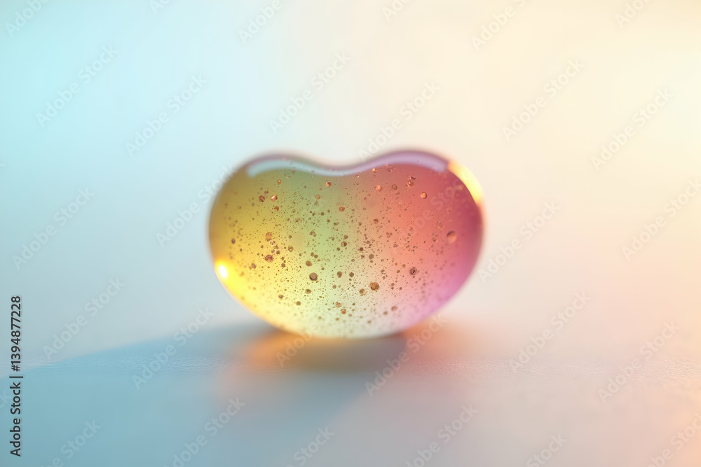 Poster a solitary, heart shaped, transparent object filled with tiny particles, illuminated by a gradient o