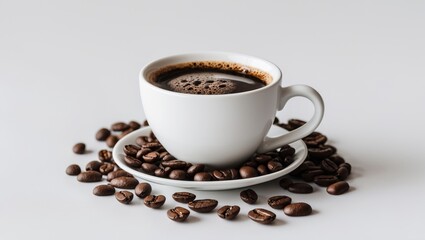 Fototapeta premium On a white surface, coffee beans and a coffee cup are displayed.