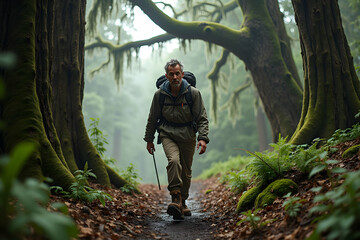 Obraz premium A solitary wanderer treks through an ancient woodland trail, his weathered face and worn attire telling tales of countless journeys amidst nature's serene embrace