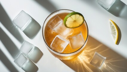 Chilled glass of flavorful ale with ice cubes, lime, and ginger slices on a white background, overhead view