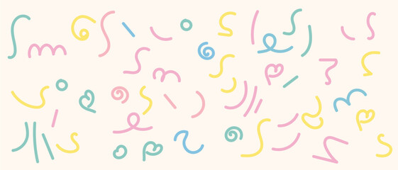 Background, Memphis geometric seamless pattern, multicolor retro 80s, 90s abstract background with different shapes: circles, dots, zigzags, spirals, wavy lines, bright orange and pink cute baby patte