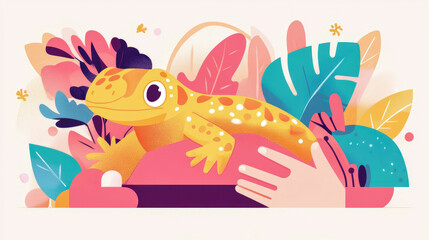 Fototapeta premium Playful Pet: Happy gecko on a Hand, surrounded by tropical leaves, concept for children education or book illustration
