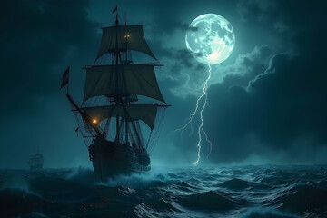 A spectral sailing vessel navigates a tempestuous sea under the eerie glow of a lightning-illuminated full moon showcasing maritime drama and nautical fantasy