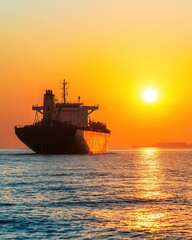 Obraz premium Majestic tanker ship sailing on calm ocean water during a vibrant golden sunset reflecting on the sea surface creating a serene and tranquil atmosphere