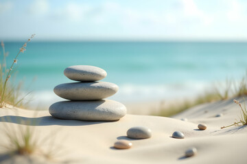 A stack of smooth, balanced zen stones on the sand near a turquoise ocean, creating a peaceful, minimalist landscape that promotes relaxation and mindfulness