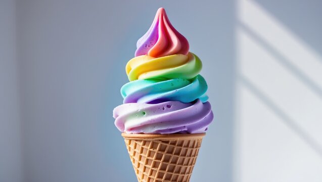 Isolated rainbow ice cream cone in close-up view