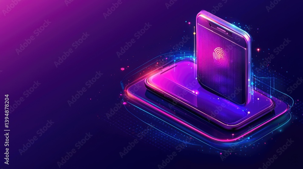 Aufkleber secure peer-to-peer payment system with glowing fingerprint authentication in cyberspace.