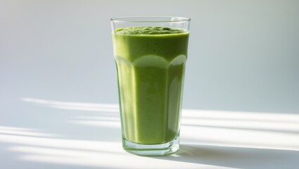 A glass of spinach smoothie set against a white backdrop