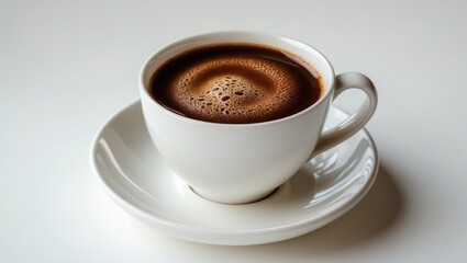 Obraz premium Coffee cup alongside saucer on a plain white background.