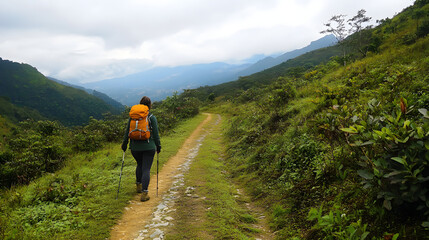 Fototapeta premium Wanderer in Verdant Valley: A solo hiker, with a backpack and trekking poles, journeys along a scenic dirt path through a lush, green valley.