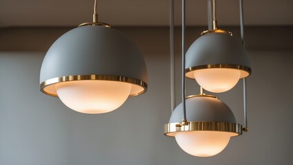 Chic chandelier featuring brass accents, contemporary gray pendant light in loft aesthetics. Unique hemispherical shape.