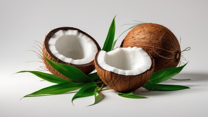 White background featuring a halved coconut and leaves