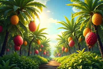 A Sunlit Orchard of Exotic Fruits, Vibrant Colors and Lush Foliage Creating a Picturesque Tropical Paradise with rows of fruit-bearing trees.